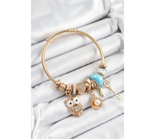 316L Çelik Mavi Zirkon Taşlı Baykuş İstiridye Ve Anahtar Model Gold Renk Charm Bileklik - TJ-BB7291
