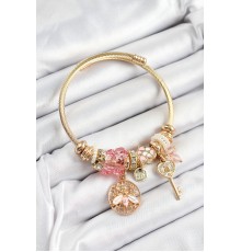 316L Çelik Pembe Zirkon Taşlı Baykuş Arı Ve Anahtar Model Gold Renk Charm Bileklik - TJ-BB7293