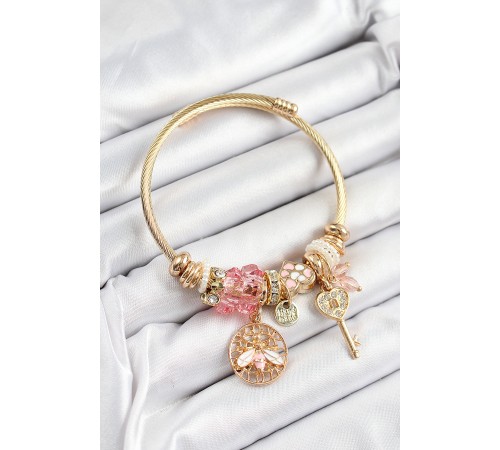 316L Çelik Pembe Zirkon Taşlı Baykuş Arı Ve Anahtar Model Gold Renk Charm Bileklik - TJ-BB7293