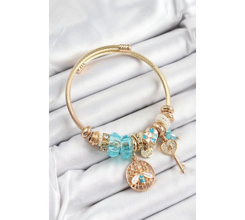 316L Çelik Mavi Zirkon Taşlı Baykuş Arı Ve Anahtar Model Gold Renk Charm Bileklik - TJ-BB7294