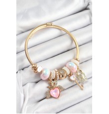316L Çelik Pembe Zirkon Taşlı Kilit Anahtar Ve Kalp Model Gold Renk Charm BileklikCharm Bileklik - TJ-BB7296
