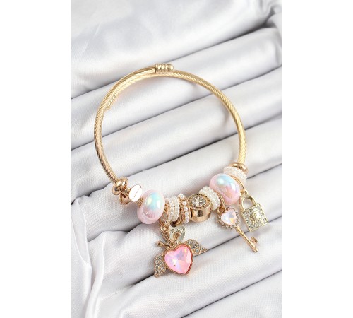 316L Çelik Pembe Zirkon Taşlı Kilit Anahtar Ve Kalp Model Gold Renk Charm BileklikCharm Bileklik - TJ-BB7296