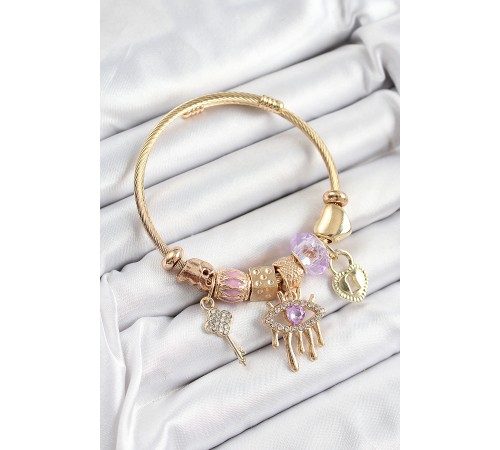 316L Çelik Mor Zirkon Taşlı Kilit Göz Ve Anahtar Model Gold Renk Charm Bileklik - TJ-BB7298