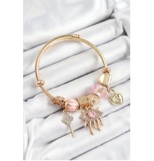 316L Çelik Pembe Zirkon Taşlı Kilit Göz Ve Anahtar Model Gold Renk Charm Bileklik - TJ-BB7299