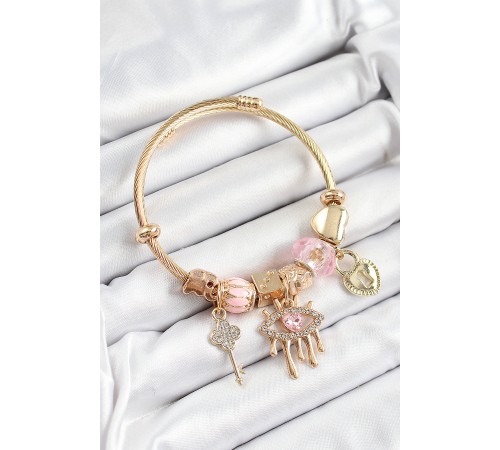 316L Çelik Pembe Zirkon Taşlı Kilit Göz Ve Anahtar Model Gold Renk Charm Bileklik - TJ-BB7299