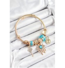 316L Çelik Mavi Zirkon Taşlı Kilit Göz Ve Anahtar Model Gold Renk Charm Bileklik - TJ-BB7300
