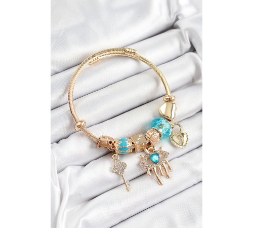 316L Çelik Mavi Zirkon Taşlı Kilit Göz Ve Anahtar Model Gold Renk Charm Bileklik - TJ-BB7300