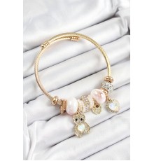 316L Çelik Beyaz Zirkon Taşlı Ayıcık Ve Kalp Model Gold Renk Charm Bileklik - TJ-BB7301