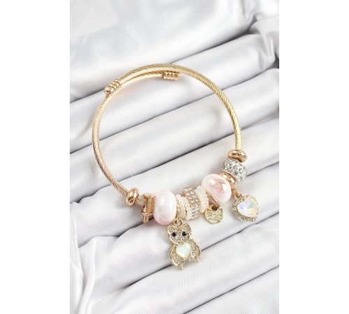 316L Çelik Beyaz Zirkon Taşlı Ayıcık Ve Kalp Model Gold Renk Charm Bileklik - TJ-BB7301
