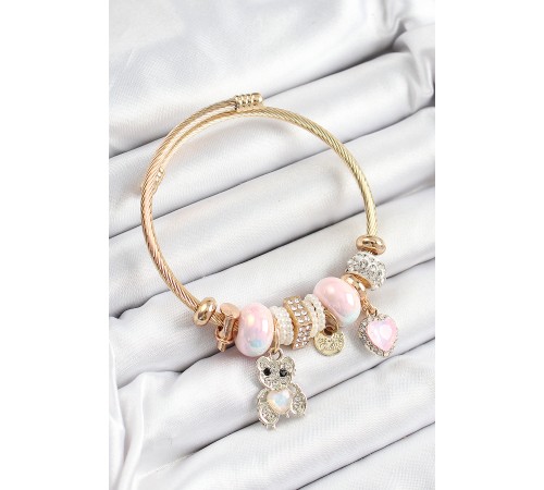 316L Çelik Pembe Zirkon Taşlı Ayıcık Ve Kalp Model Gold Renk Charm Bileklik - TJ-BB7302