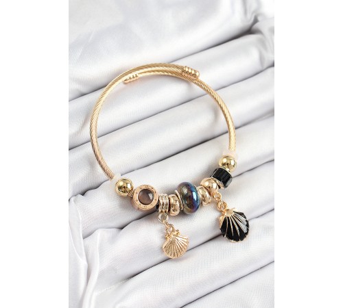 316L Çelik Siyah İstiridye Model Gold Renk Charm Bileklik - TJ-BB7304