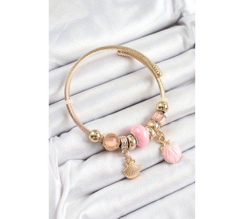 316L Çelik Pembe İstiridye Model Gold Renk Charm Bileklik - TJ-BB7305