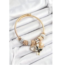 316L Çelik Siyah Zirkon Taşlı Kalp Ve İstiridye Model Gold Renk Charm Bileklik - TJ-BB7307