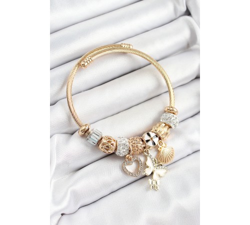 316L Çelik Beyaz Zirkon Taşlı Kalp Ve İstiridye Model Gold Renk Charm Bileklik - TJ-BB7308
