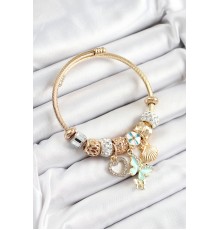 316L Çelik Mavi Zirkon Taşlı Kalp Ve İstiridye Model Gold Renk Charm Bileklik - TJ-BB7309