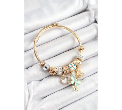 316L Çelik Mavi Zirkon Taşlı Kalp Ve İstiridye Model Gold Renk Charm Bileklik - TJ-BB7309