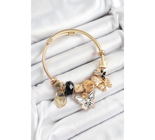 316L Çelik Siyah Zirkon Taşlı Fiyonk Ve Kilit Model Gold Renk Charm Bileklik - TJ-BB7310
