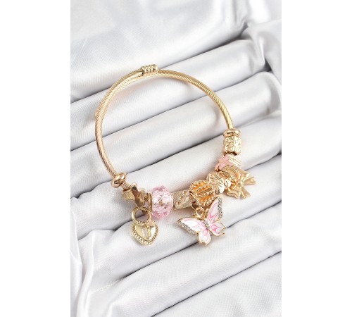 316L Çelik Pembe Zirkon Taşlı Fiyonk Ve Kilit Model Gold Renk Charm Bileklik - TJ-BB7311