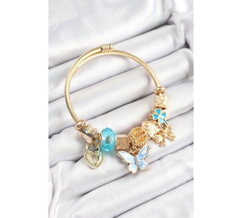 316L Çelik Mavi Zirkon Taşlı Fiyonk Ve Kilit Model Gold Renk Charm Bileklik - TJ-BB7312