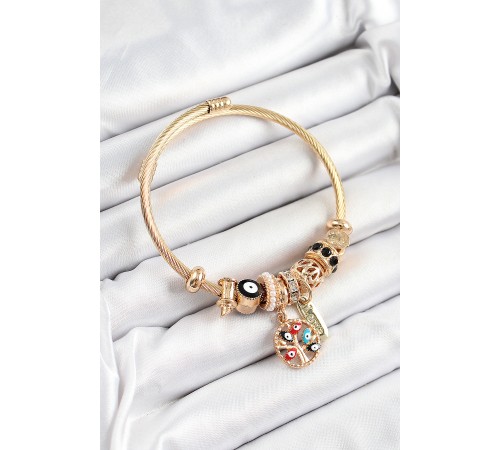 316L Çelik Siyah Nazarlı Zirkon Taşlı İnci Detaylı Hayat Ağacı Model Gold Renk Charm Bileklik - TJ-BB7313