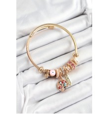 316L Çelik Pembe Nazarlı Zirkon Taşlı İnci Detaylı Hayat Ağacı Model Gold Renk Charm Bileklik - TJ-BB7314