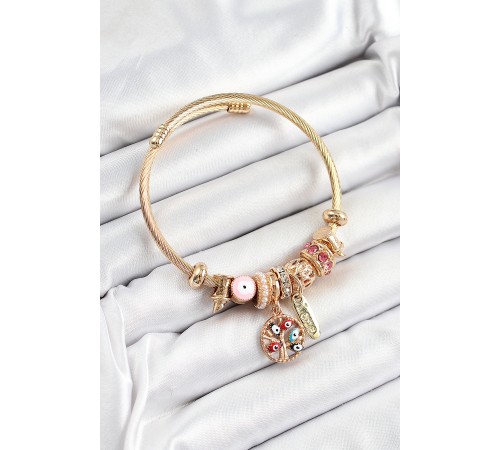 316L Çelik Pembe Nazarlı Zirkon Taşlı İnci Detaylı Hayat Ağacı Model Gold Renk Charm Bileklik - TJ-BB7314