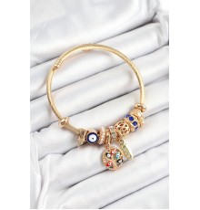 316L Çelik Lacivert Nazarlı Zirkon Taşlı İnci Detaylı Hayat Ağacı Model Gold Renk Charm Bileklik - TJ-BB7315