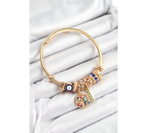 316L Çelik Lacivert Nazarlı Zirkon Taşlı İnci Detaylı Hayat Ağacı Model Gold Renk Charm Bileklik - TJ-BB7315