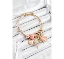 316L Çelik Pembe Zirkon Taşlı Yıldız Melek İstiridye Ve Kalp Model Gold Renk Charm Bileklik - TJ-BB7317