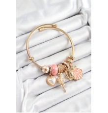 316L Çelik Pembe Zirkon Taşlı Yıldız Melek İstiridye Ve Kalp Model Gold Renk Charm Bileklik - TJ-BB7317
