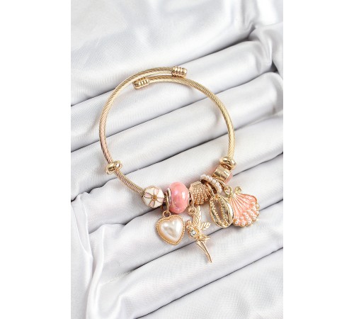 316L Çelik Pembe Zirkon Taşlı Yıldız Melek İstiridye Ve Kalp Model Gold Renk Charm Bileklik - TJ-BB7317