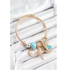316L Çelik Mavi Zirkon Taşlı Yıldız Melek İstiridye Ve Kalp Model Gold Renk Charm Bileklik - TJ-BB7318