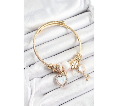 316L Çelik Beyaz Zirkon Taşlı Anahtar Ve Kalp Model Gold Renk Charm Bileklik - TJ-BB7319