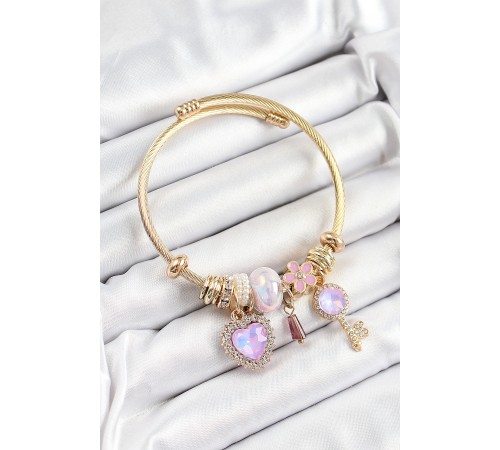 316L Çelik Mor Zirkon Taşlı Anahtar Ve Kalp Model Gold Renk Charm Bileklik - TJ-BB7320