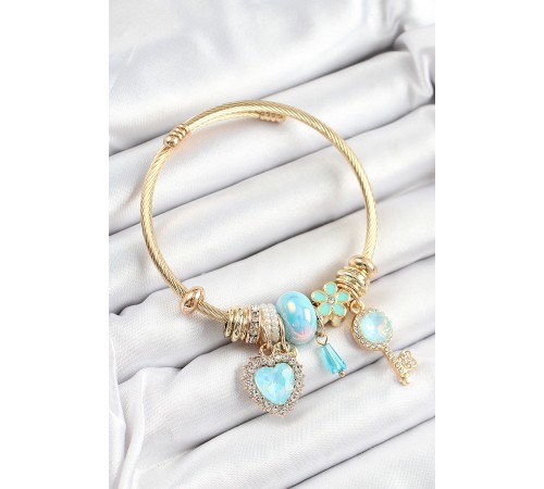 316L Çelik Mavi Zirkon Taşlı Anahtar Ve Kalp Model Gold Renk Charm Bileklik - TJ-BB7321