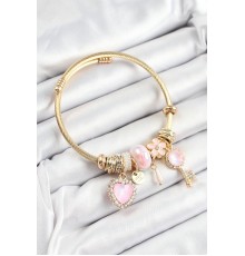 316L Çelik Pembe Zirkon Taşlı Anahtar Ve Kalp Model Gold Renk Charm Bileklik - TJ-BB7322