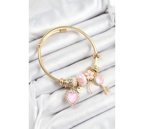 316L Çelik Pembe Zirkon Taşlı Anahtar Ve Kalp Model Gold Renk Charm Bileklik - TJ-BB7322