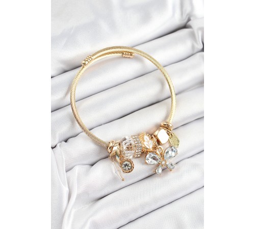 316L Çelik Beyaz Zirkon Taşlı Model Gold Renk Charm Bileklik - TJ-BB7323