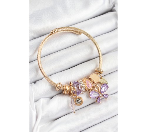 316L Çelik Mor Zirkon Taşlı Model Gold Renk Charm Bileklik - TJ-BB7324