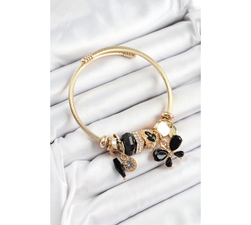 316L Çelik Siyah Zirkon Taşlı Model Gold Renk Charm Bileklik - TJ-BB7325