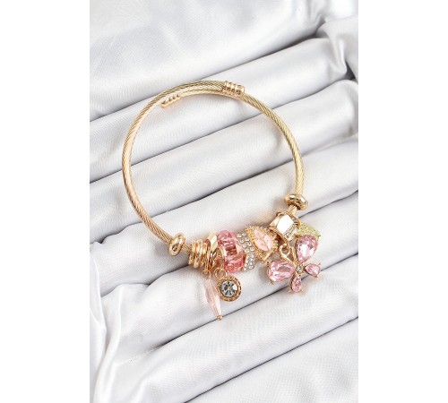 316L Çelik Pembe Zirkon Taşlı Model Gold Renk Charm Bileklik - TJ-BB7326