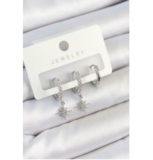 Pirinç Zirkon Taşlı Kutup Yıldızı Model Gümüş Renk 3'lü Çift Kadın Küpe Set - TJ-BKP10786