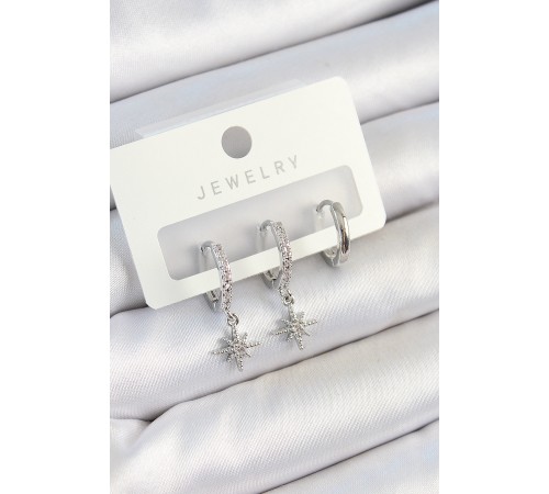 Pirinç Zirkon Taşlı Kutup Yıldızı Model Gümüş Renk 3'lü Çift Kadın Küpe Set - TJ-BKP10786