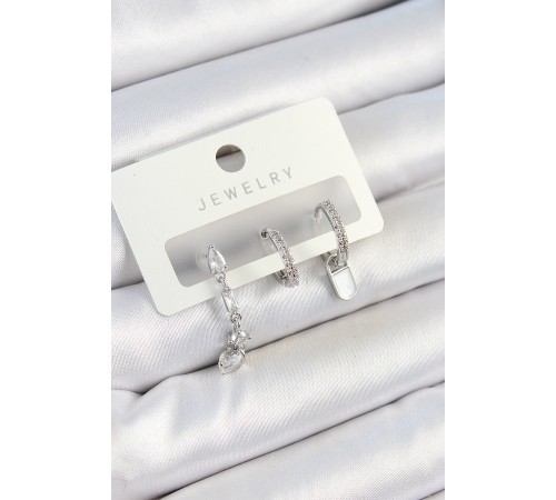 Pirinç Zirkon Taşlı Sallantılı Model Gümüş Renk 3'lü Çift Kadın Küpe Set - TJ-BKP10787