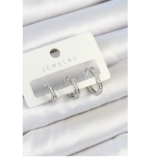 Pirinç Zirkon Taşlı Halka Model Gümüş Renk 3'lü Çift Kadın Küpe Set - TJ-BKP10788