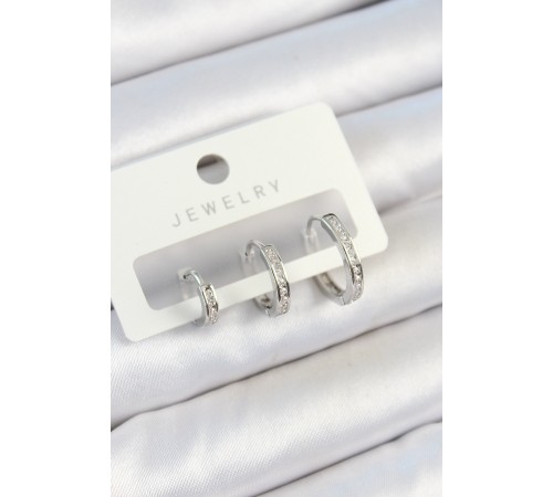 Pirinç Zirkon Taşlı Halka Model Gümüş Renk 3'lü Çift Kadın Küpe Set - TJ-BKP10788