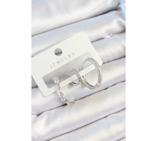 Pirinç Zirkon Taşlı Sallantılı Model Gümüş Renk 3'lü Çift Kadın Küpe Set - TJ-BKP10789