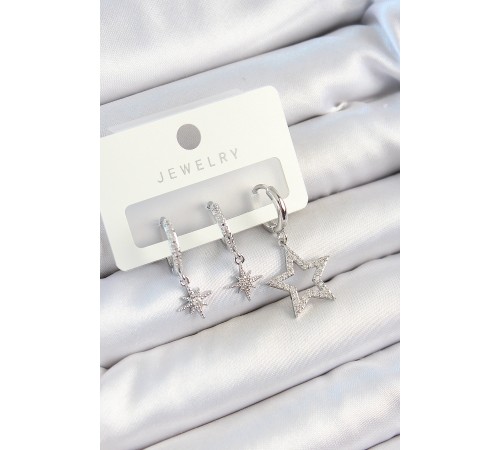 Pirinç Zirkon Taşlı Yıldız Model Gümüş Renk 3'lü Çift Kadın Küpe Set - TJ-BKP10790