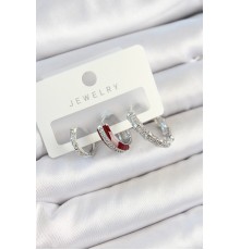 Pirinç Zirkon Taşlı Bordo Pembe Halka Model Gümüş Renk 3'lü Çift Kadın Küpe Set - TJ-BKP10791