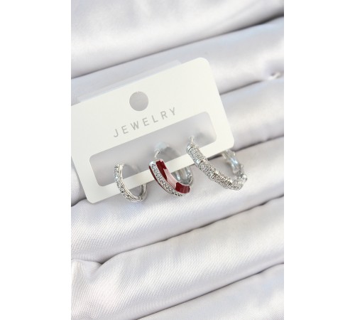 Pirinç Zirkon Taşlı Bordo Pembe Halka Model Gümüş Renk 3'lü Çift Kadın Küpe Set - TJ-BKP10791